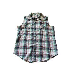 Vintage Wrangler Wrancher Sleeveless Western Shirt Women’s Sz M Pearl Snap